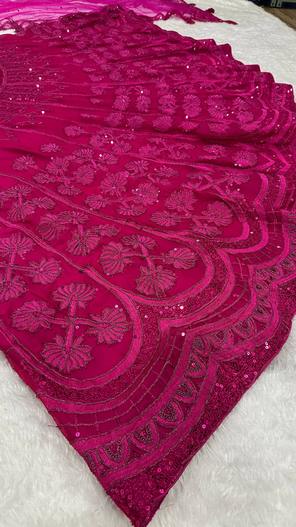 Pink Kasturi Silk Embroidered Lehenga Set with Soft Velvet Blouse & Net Dupatta – Thread, Sequins & Dori Work ClothsVilla