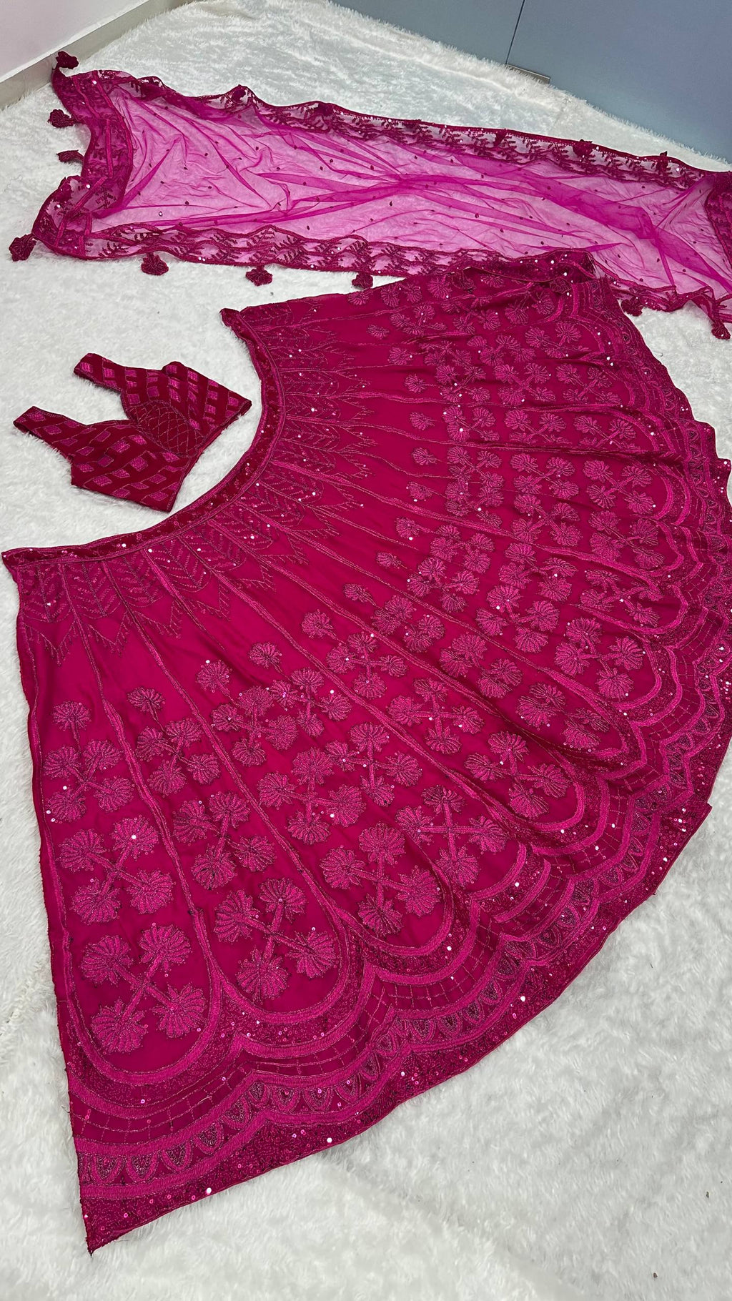 Pink Kasturi Silk Embroidered Lehenga Set with Soft Velvet Blouse & Net Dupatta – Thread, Sequins & Dori Work ClothsVilla
