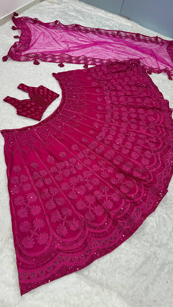 Pink Kasturi Silk Embroidered Lehenga Set with Soft Velvet Blouse & Net Dupatta – Thread, Sequins & Dori Work ClothsVilla