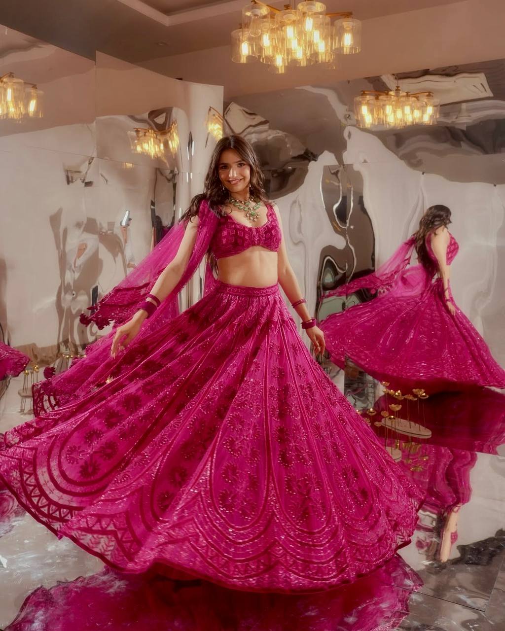 Pink Kasturi Silk Embroidered Lehenga Set with Soft Velvet Blouse & Net Dupatta – Thread, Sequins & Dori Work Secondary image