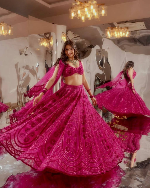 Pink Kasturi Silk Embroidered Lehenga Set with Soft Velvet Blouse & Net Dupatta – Thread, Sequins & Dori Work ClothsVilla