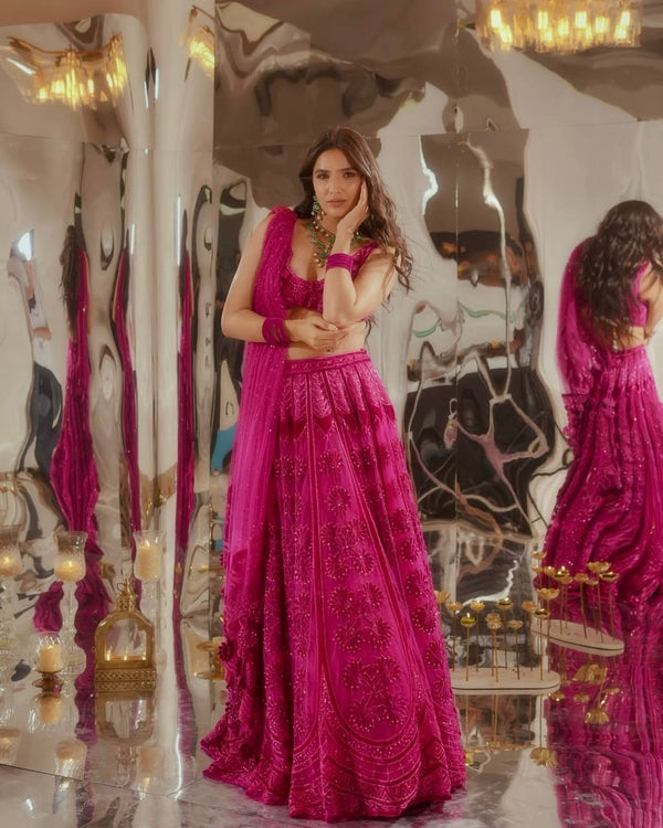 Pink Kasturi Silk Embroidered Lehenga Set with Soft Velvet Blouse & Net Dupatta – Thread, Sequins & Dori Work ClothsVilla