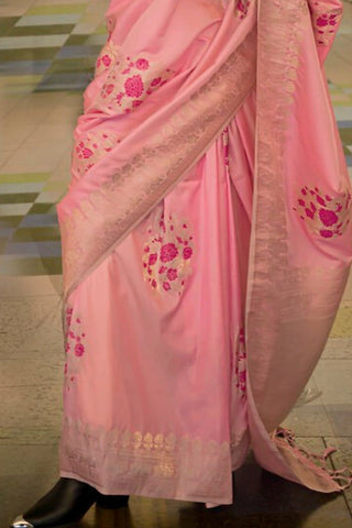 Pink Katan Handloom Silk Saree with Blouse Piece ClothsVilla