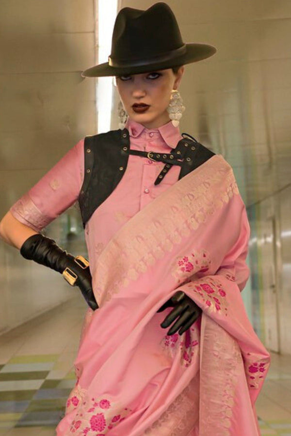 Pink Katan Handloom Silk Saree with Blouse Piece ClothsVilla
