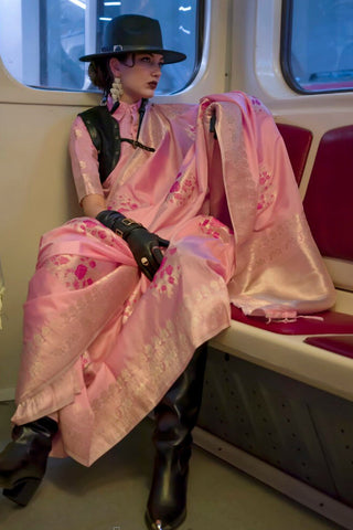 Pink Katan Handloom Silk Saree with Blouse Piece ClothsVilla
