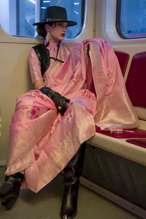 Pink Katan Handloom Silk Saree with Blouse Piece ClothsVilla