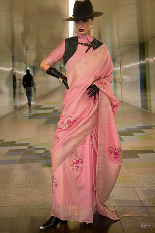 Pink Katan Handloom Silk Saree with Blouse Piece ClothsVilla