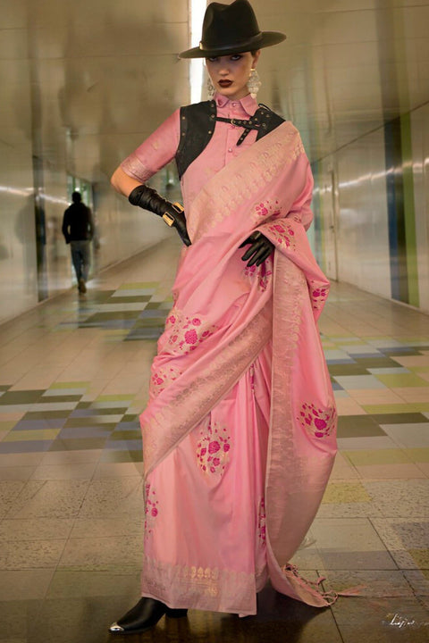 Pink Katan Handloom Silk Saree with Blouse Piece ClothsVilla Main image