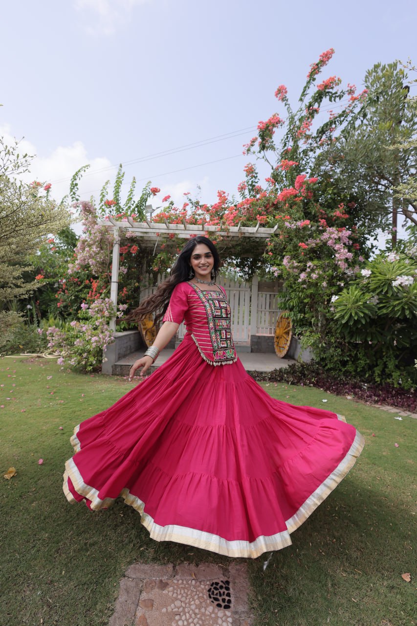 Pink Kora Cotton Lehenga with Kutchi Work ClothsVilla