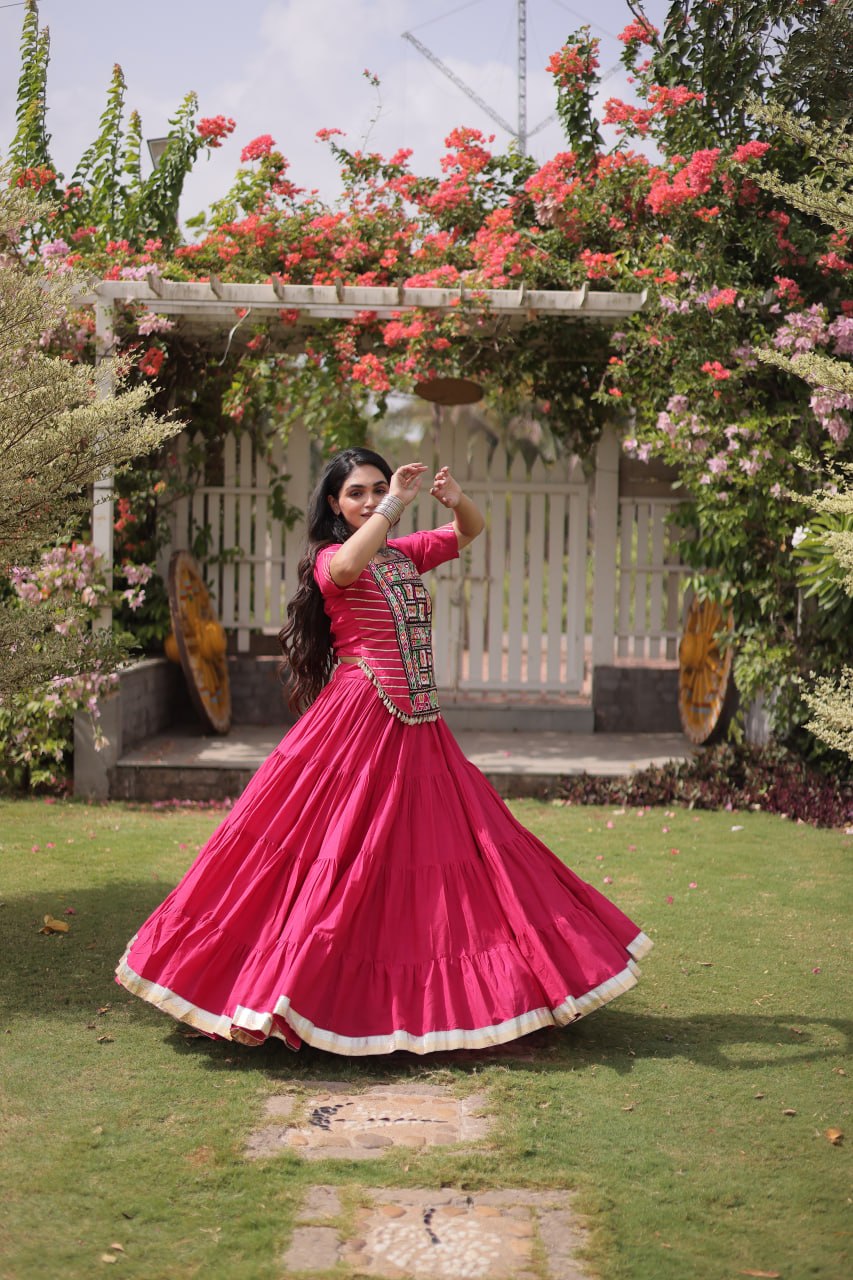 Pink Kora Cotton Lehenga with Kutchi Work ClothsVilla