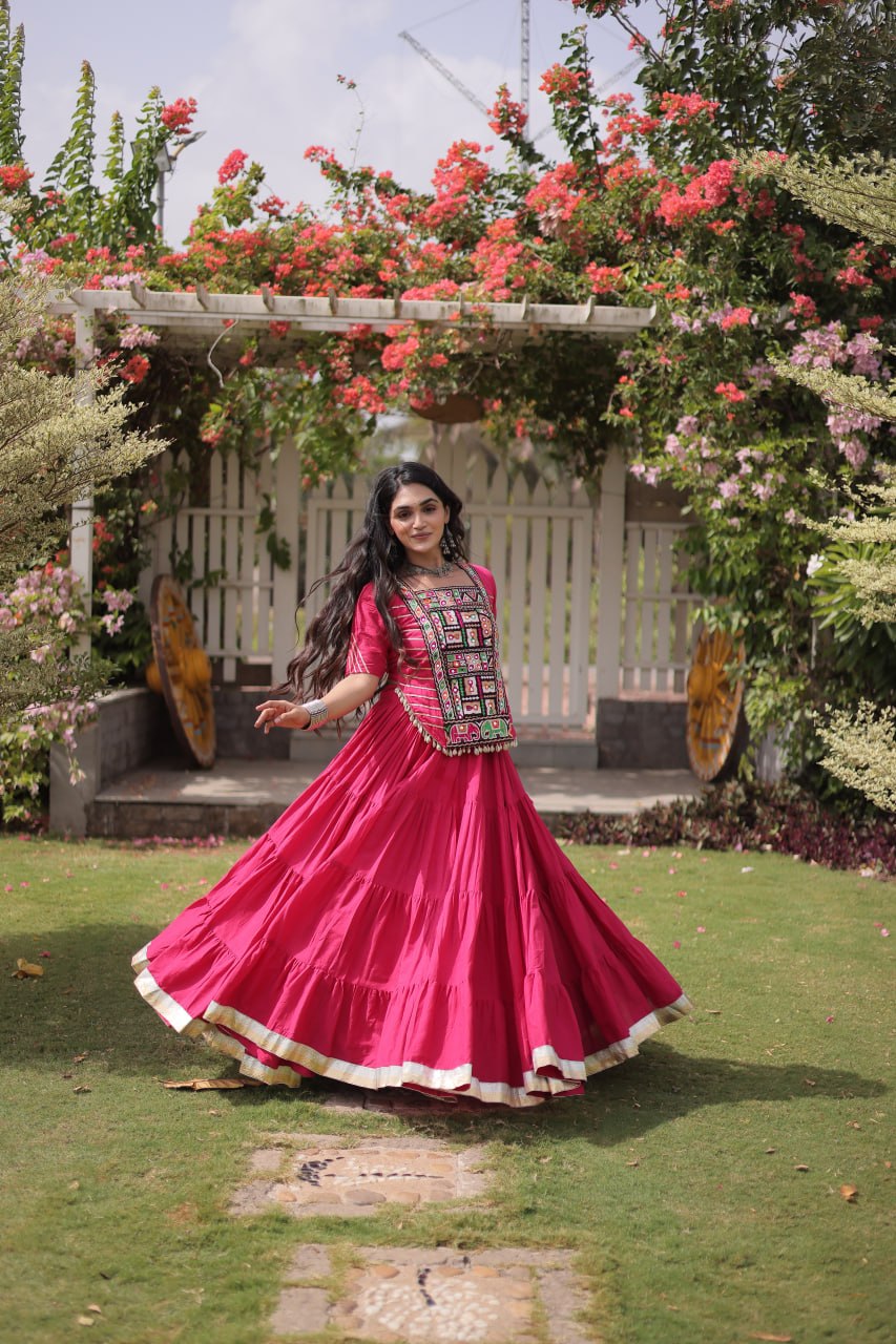 Pink Kora Cotton Lehenga with Kutchi Work ClothsVilla