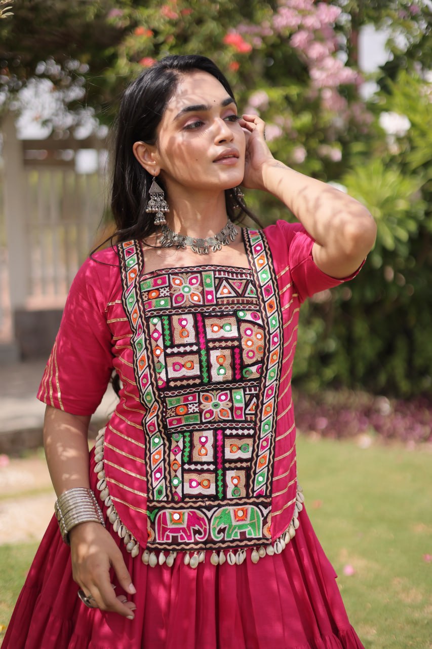 Pink Kora Cotton Lehenga with Kutchi Work ClothsVilla