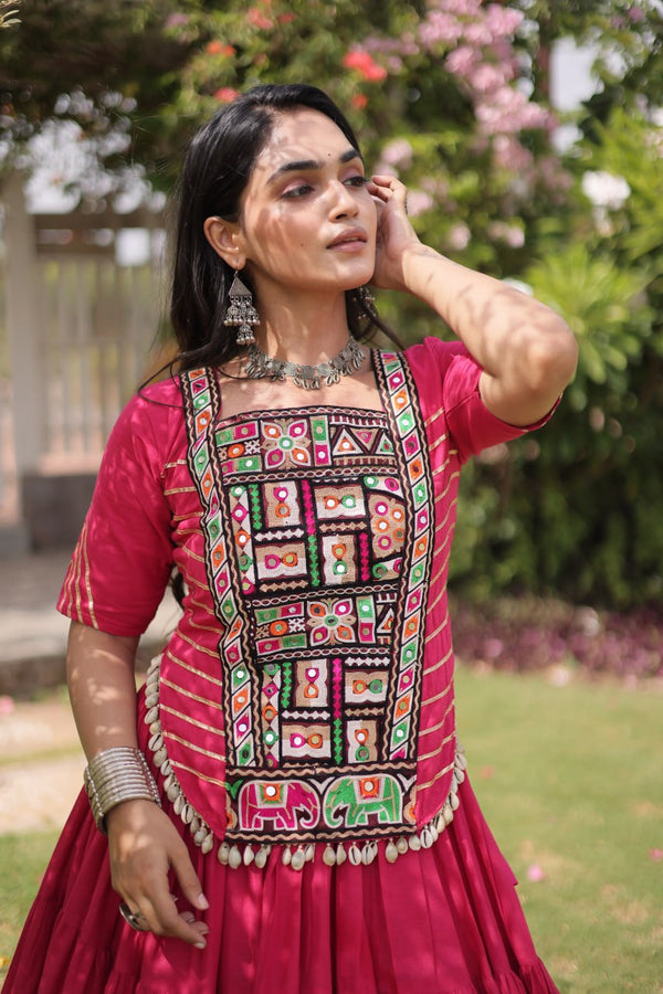 Pink Kora Cotton Lehenga with Kutchi Work ClothsVilla