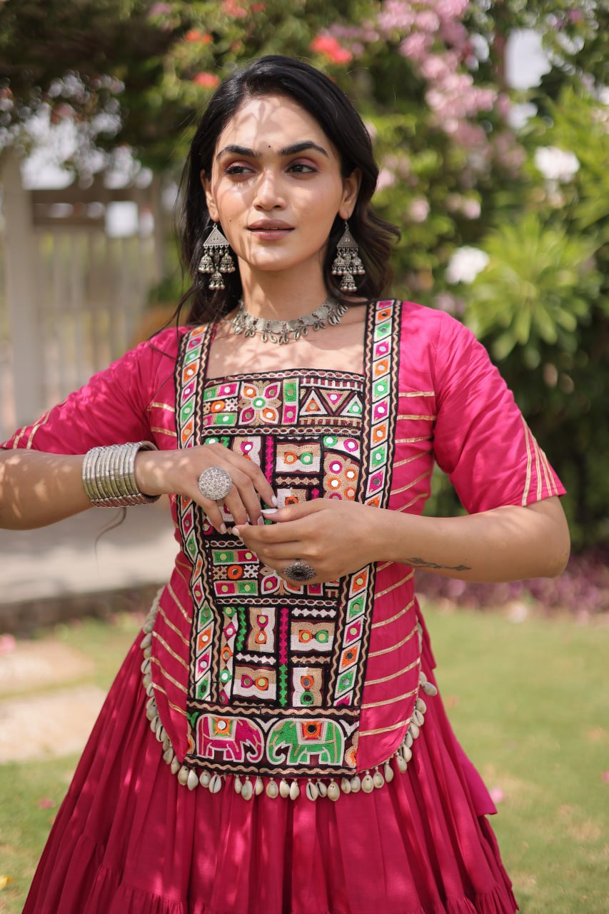 Pink Kora Cotton Lehenga with Kutchi Work ClothsVilla
