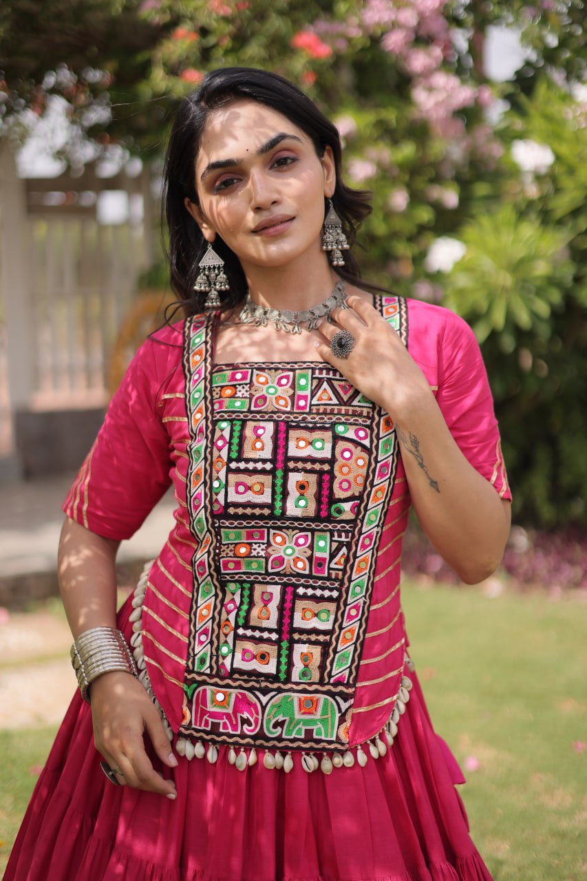 Pink Kora Cotton Lehenga with Kutchi Work ClothsVilla