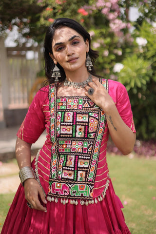Pink Kora Cotton Lehenga with Kutchi Work ClothsVilla