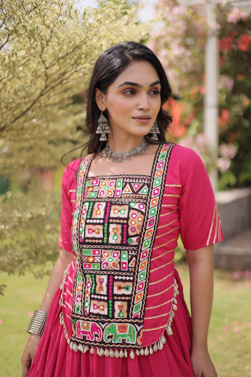 Pink Kora Cotton Lehenga with Kutchi Work ClothsVilla
