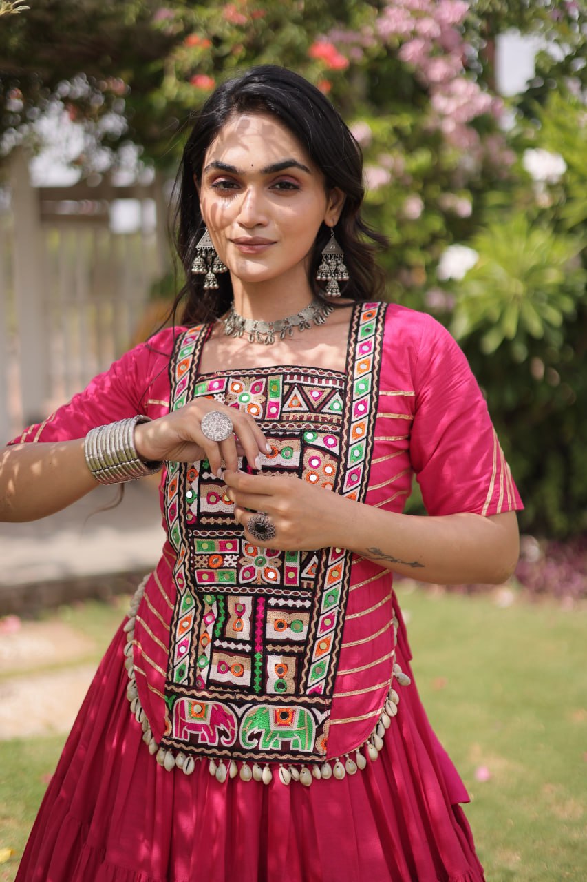 Pink Kora Cotton Lehenga with Kutchi Work ClothsVilla