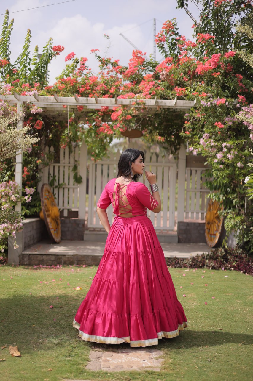 Pink Kora Cotton Lehenga with Kutchi Work ClothsVilla