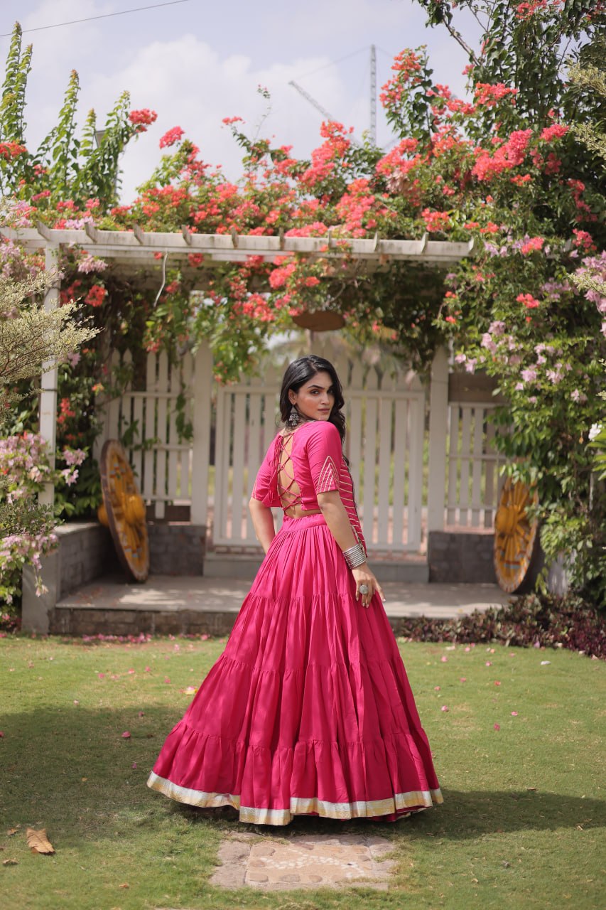 Pink Kora Cotton Lehenga with Kutchi Work ClothsVilla
