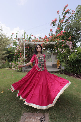 Pink Kora Cotton Lehenga with Kutchi Work ClothsVilla