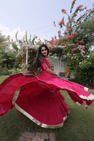 Pink Kora Cotton Lehenga with Kutchi Work ClothsVilla
