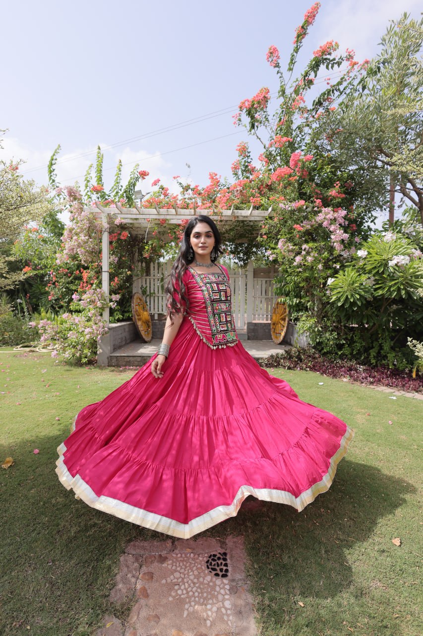 Pink Kora Cotton Lehenga with Kutchi Work ClothsVilla