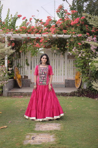 Pink Kora Cotton Lehenga with Kutchi Work ClothsVilla