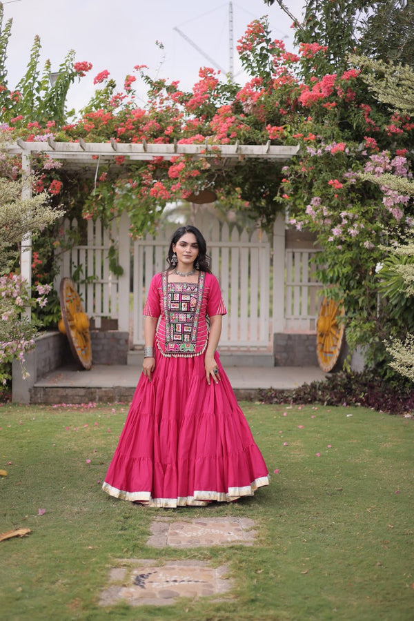 Pink Kora Cotton Lehenga with Kutchi Work ClothsVilla