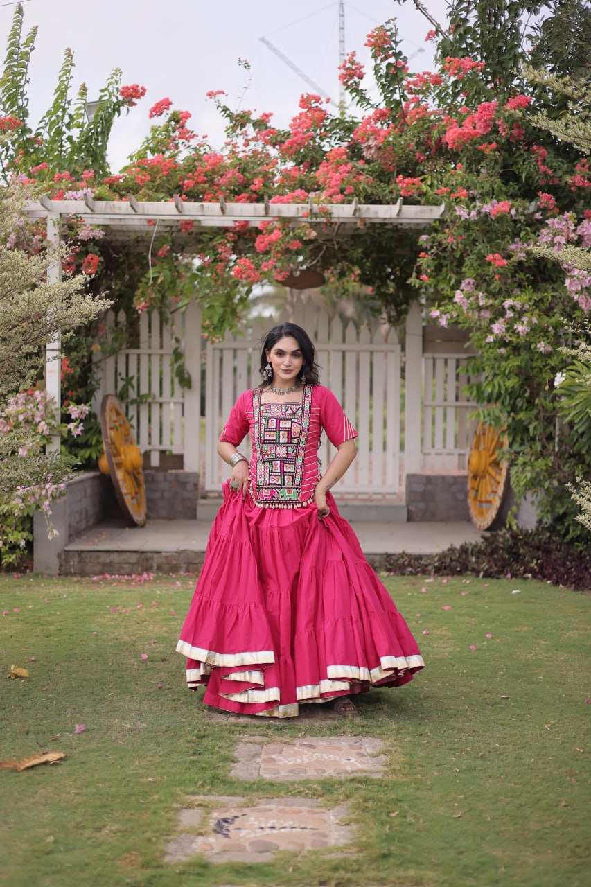 Pink Kora Cotton Lehenga with Kutchi Work ClothsVilla