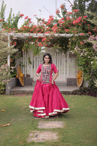 Pink Kora Cotton Lehenga with Kutchi Work ClothsVilla