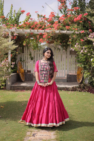 Pink Kora Cotton Lehenga with Kutchi Work ClothsVilla
