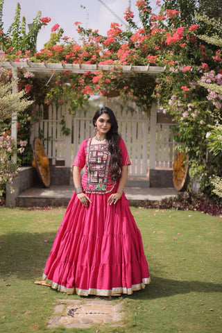 Pink Kora Cotton Lehenga with Kutchi Work ClothsVilla