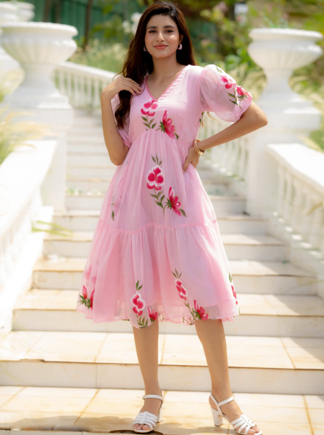 Pink Kota Checks Digital Print Full Round Flair Kurti with Inner ClothsVilla Main image