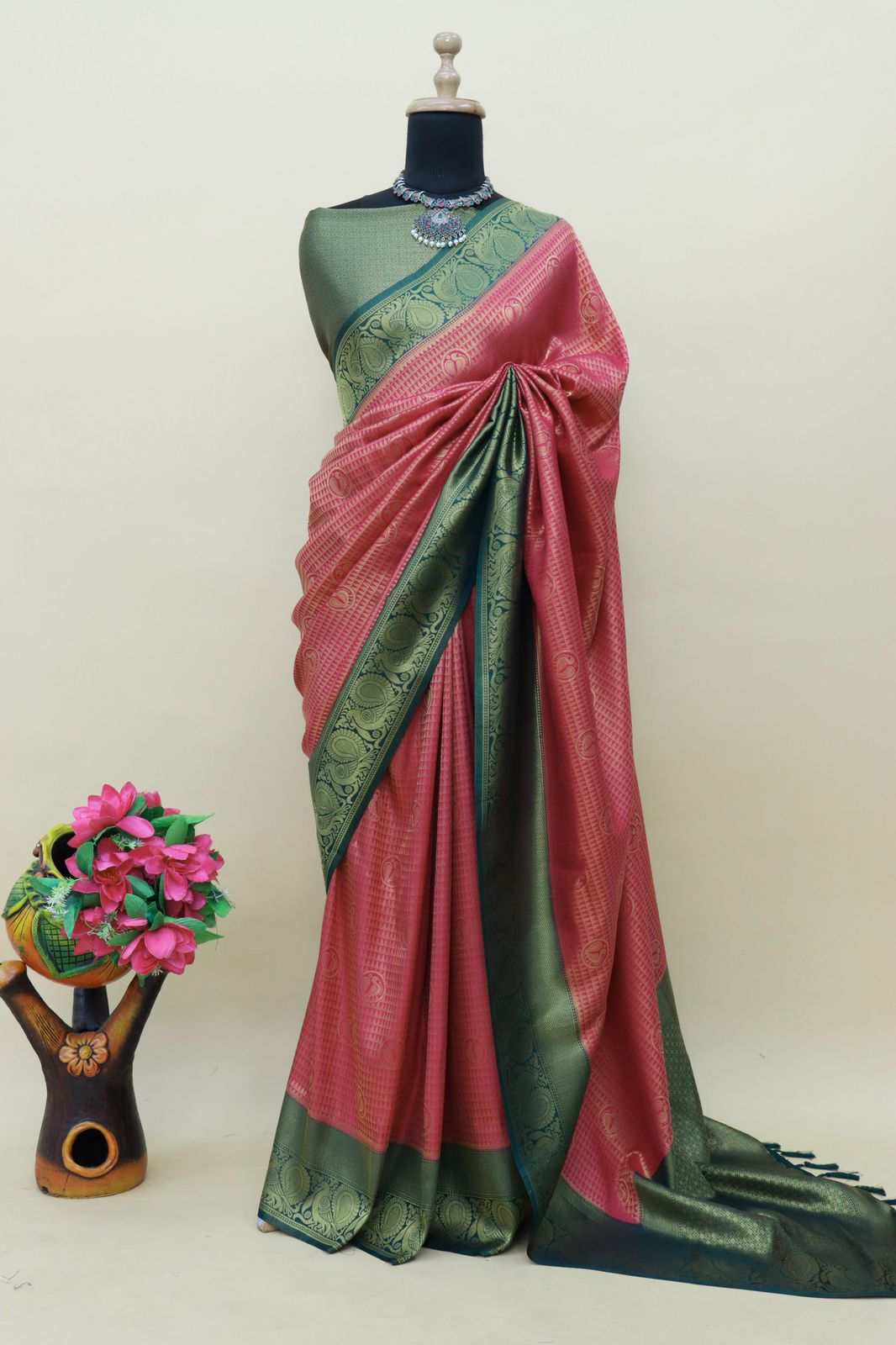 Pink Kuber Soft Silk Saree with Exquisite Golden Jari Work & Matching Blouse ClothsVilla Main image