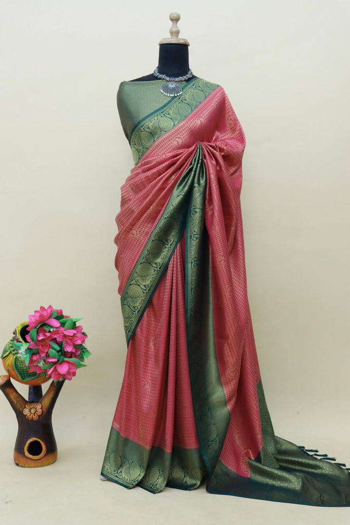 Pink Kuber Soft Silk Saree with Exquisite Golden Jari Work & Matching Blouse ClothsVilla