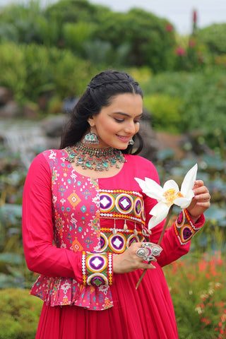 Pink Kutchi Gamthi Embroidered Rayon Frill Gown – 14 Kg Rayon, 12 Meter Flair, Fully Stitched with Cotton Lining ClothsVilla