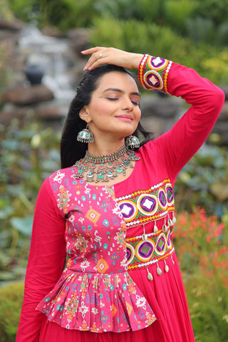 Pink Kutchi Gamthi Embroidered Rayon Frill Gown – 14 Kg Rayon, 12 Meter Flair, Fully Stitched with Cotton Lining ClothsVilla