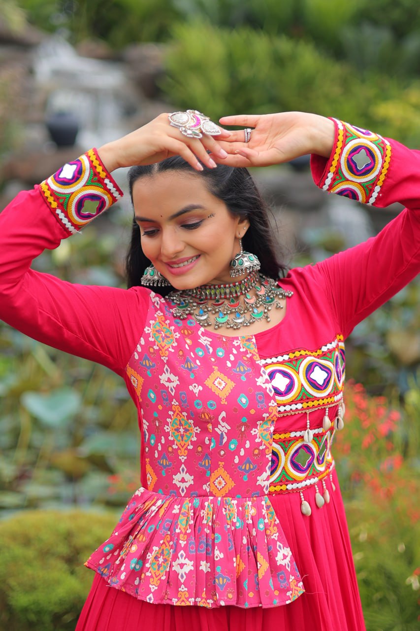 Pink Kutchi Gamthi Embroidered Rayon Frill Gown – 14 Kg Rayon, 12 Meter Flair, Fully Stitched with Cotton Lining ClothsVilla