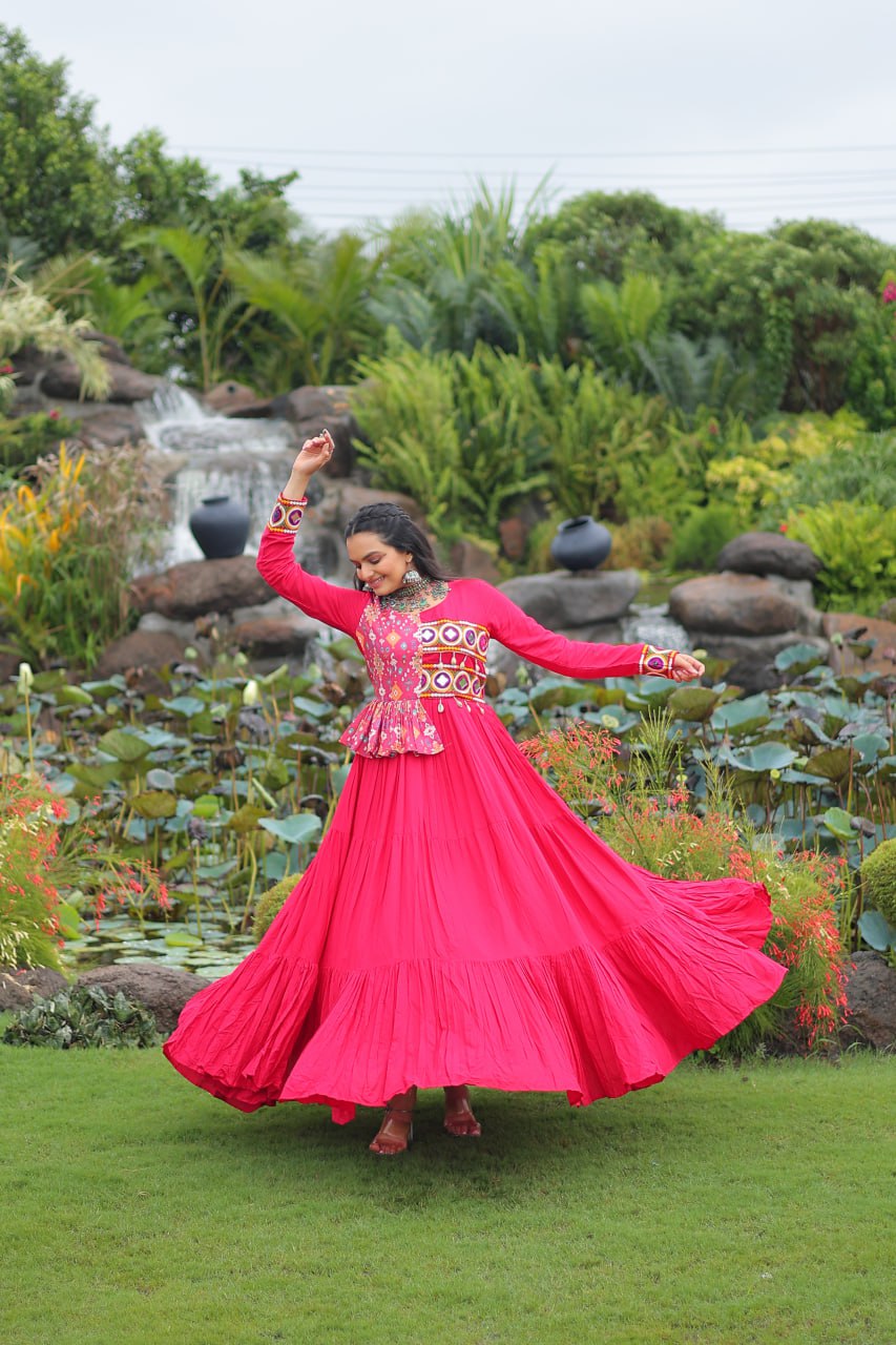 Pink Kutchi Gamthi Embroidered Rayon Frill Gown – 14 Kg Rayon, 12 Meter Flair, Fully Stitched with Cotton Lining ClothsVilla