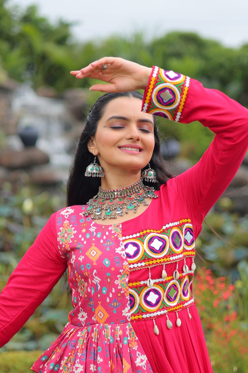 Pink Kutchi Gamthi Embroidered Rayon Frill Gown – 14 Kg Rayon, 12 Meter Flair, Fully Stitched with Cotton Lining ClothsVilla