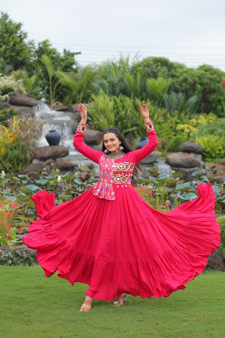 Pink Kutchi Gamthi Embroidered Rayon Frill Gown – 14 Kg Rayon, 12 Meter Flair, Fully Stitched with Cotton Lining ClothsVilla