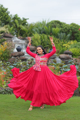 Pink Kutchi Gamthi Embroidered Rayon Frill Gown – 14 Kg Rayon, 12 Meter Flair, Fully Stitched with Cotton Lining ClothsVilla