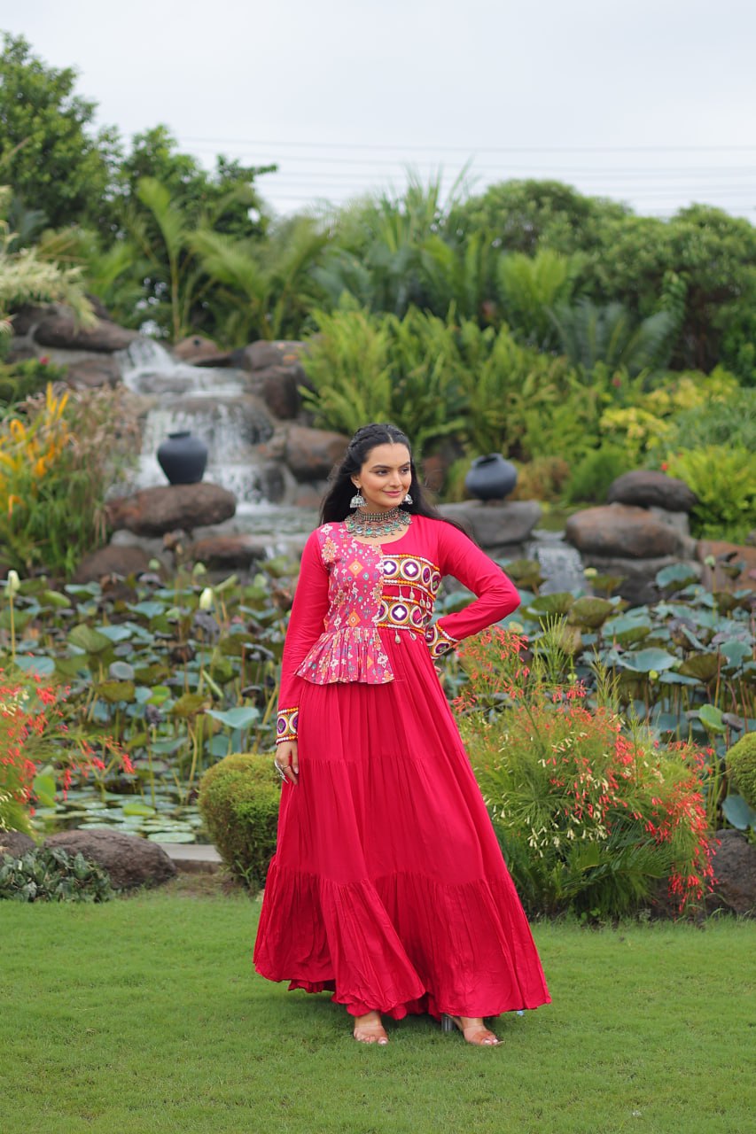 Pink Kutchi Gamthi Embroidered Rayon Frill Gown – 14 Kg Rayon, 12 Meter Flair, Fully Stitched with Cotton Lining ClothsVilla