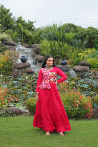 Pink Kutchi Gamthi Embroidered Rayon Frill Gown – 14 Kg Rayon, 12 Meter Flair, Fully Stitched with Cotton Lining ClothsVilla