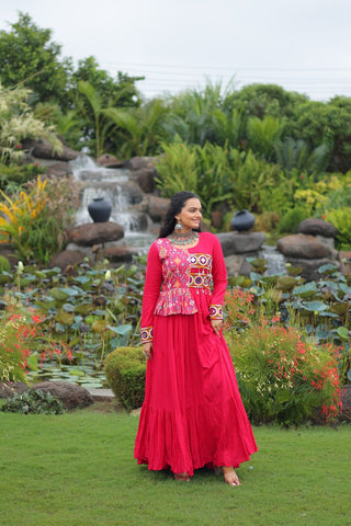 Pink Kutchi Gamthi Embroidered Rayon Frill Gown – 14 Kg Rayon, 12 Meter Flair, Fully Stitched with Cotton Lining ClothsVilla