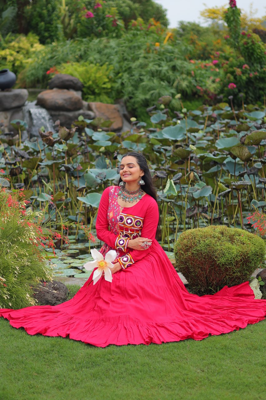 Pink Kutchi Gamthi Embroidered Rayon Frill Gown – 14 Kg Rayon, 12 Meter Flair, Fully Stitched with Cotton Lining ClothsVilla