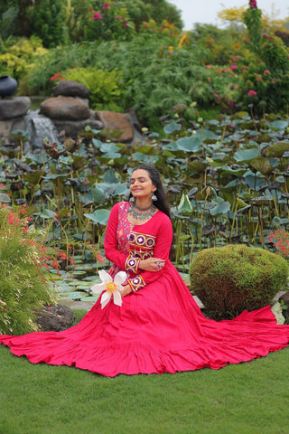 Pink Kutchi Gamthi Embroidered Rayon Frill Gown – 14 Kg Rayon, 12 Meter Flair, Fully Stitched with Cotton Lining ClothsVilla