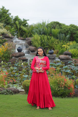 Pink Kutchi Gamthi Embroidered Rayon Frill Gown – 14 Kg Rayon, 12 Meter Flair, Fully Stitched with Cotton Lining ClothsVilla