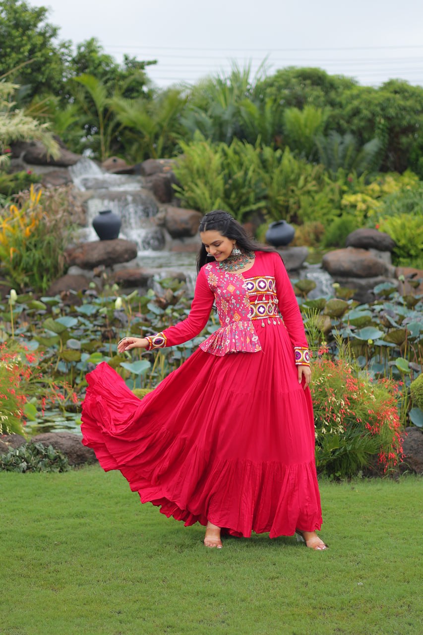 Pink Kutchi Gamthi Embroidered Rayon Frill Gown – 14 Kg Rayon, 12 Meter Flair, Fully Stitched with Cotton Lining ClothsVilla